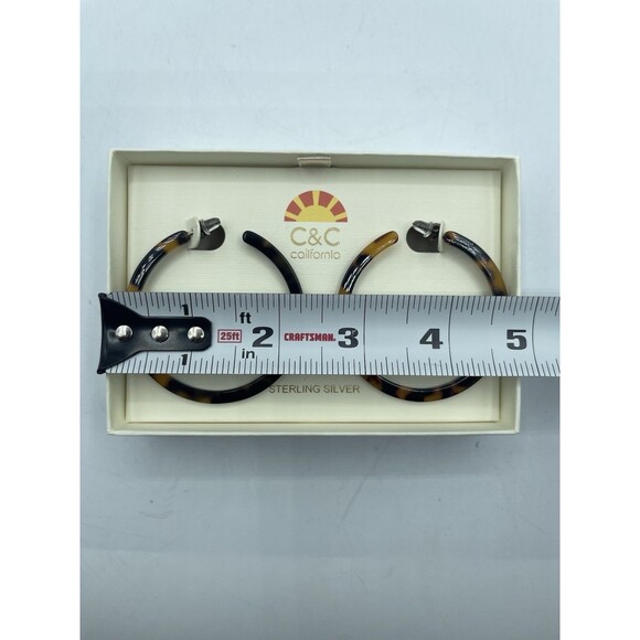 C & C California Sterling Silver Faux Tortoise Hoop Earrings, Black and Brown - Picture 3 of 4